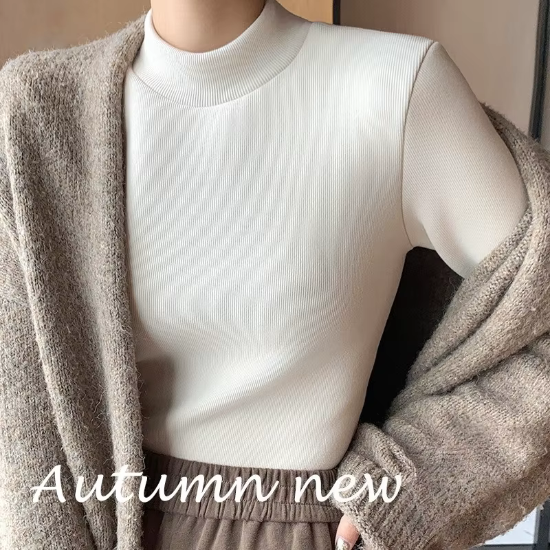 T-shirts pour femmes épais polaire chaud automne hiver chemise à manches longues col roulé t-shirt décontracté coréen basique sous la chemise