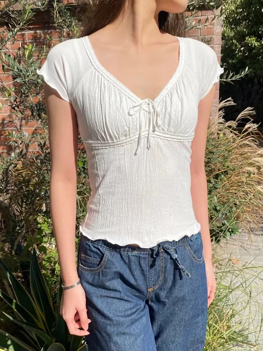 Blanc plis col en v cordon mince T-shirts femmes été nouveau coton décontracté à manches courtes