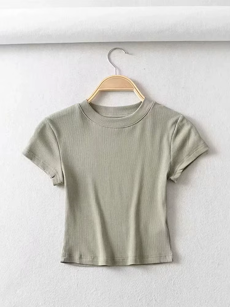 Été Sexy femmes col rond à manches courtes T-shirt mince élastique maigre culture hauts