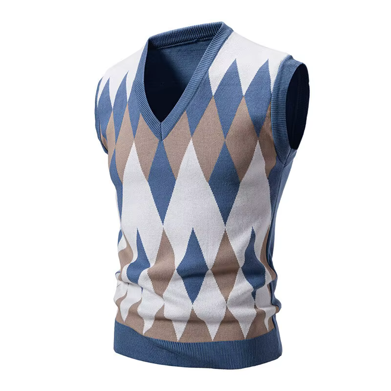 Nouveau hommes Argyle tricots gilet col en V sans manches décontracté coupe ajustée pull tricoté
