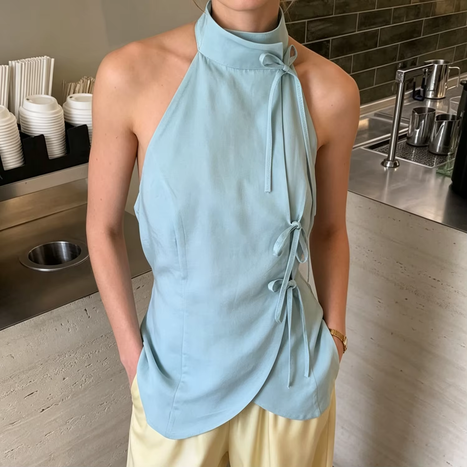 Haut débardeur halter PUAL, design à nouer sur le côté, chemisier décontracté sans manches à col montant, haut pour femme en tissu doux pour le quotidien