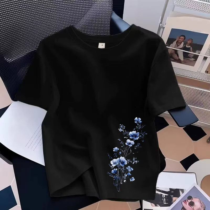 Soldes d'été : T-shirt femme en coton décontracté à col rond et manches courtes