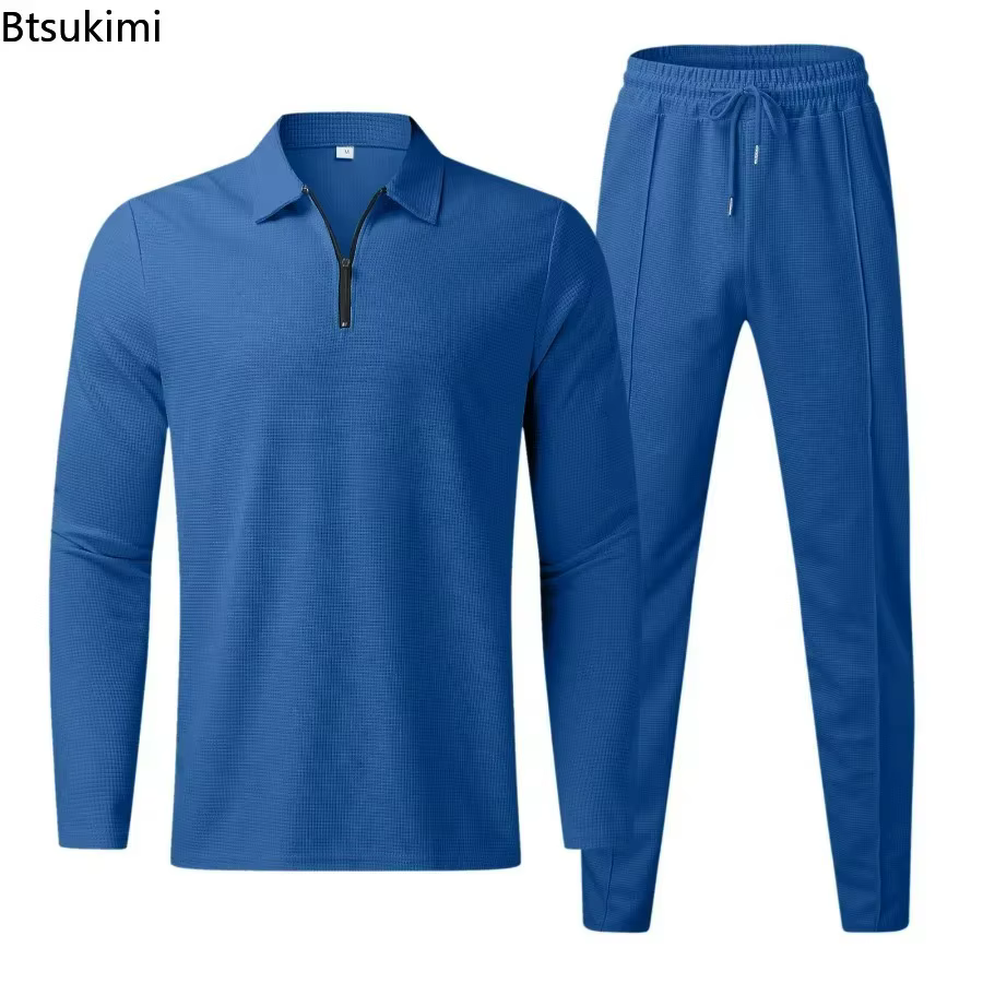 Nouveaux hommes décontracté à manches longues Polo + pantalons de survêtement ensembles de costume solide