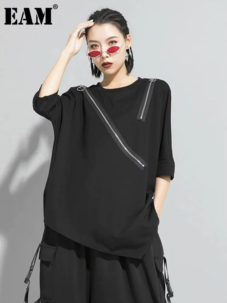 EAM femmes noir asymétrique Sittch grande taille T-shirt nouveau col rond à manches longues mode marée printemps automne 2026 1S185