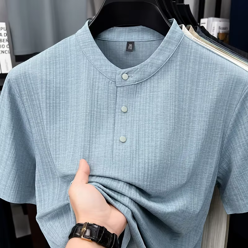 T-shirt Henley en lin texturé pour homme avec col mandarin