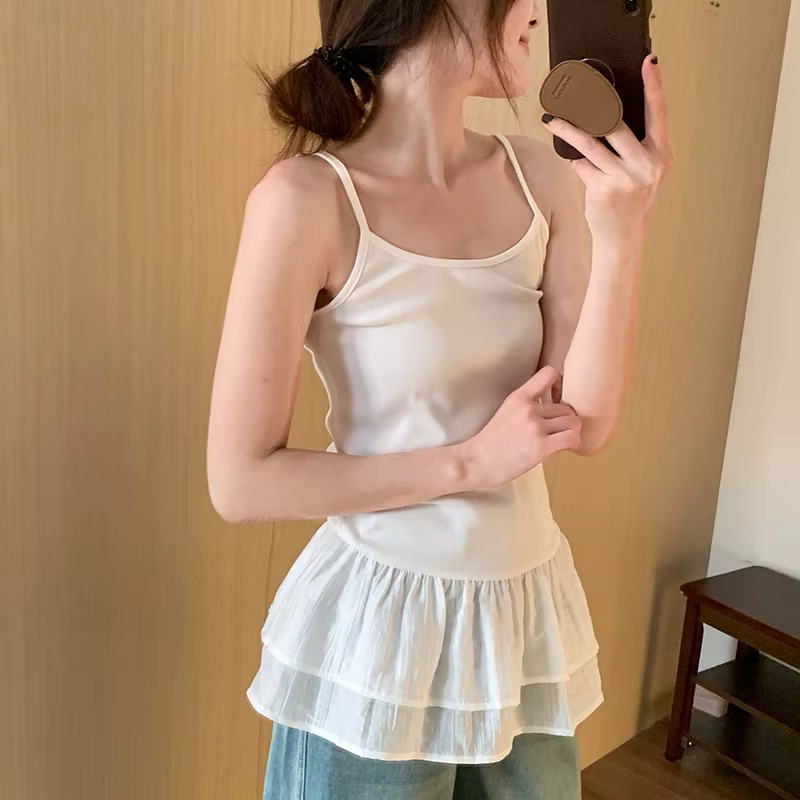 Haut Camisole blanc pour femmes, avec jupe Double couche à volants, débardeur sans manches, épissure amincissante, gilet de Base sans bretelles