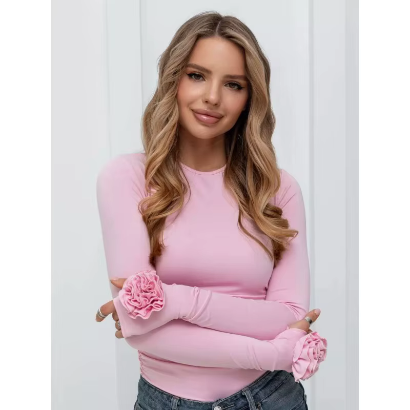 Chemisier T-shirt Femme Printemps/Automne Floral Tridimensionnel Couleur Unie Manches Longues Séduisant Décontracté Niche Polyvalent Designer