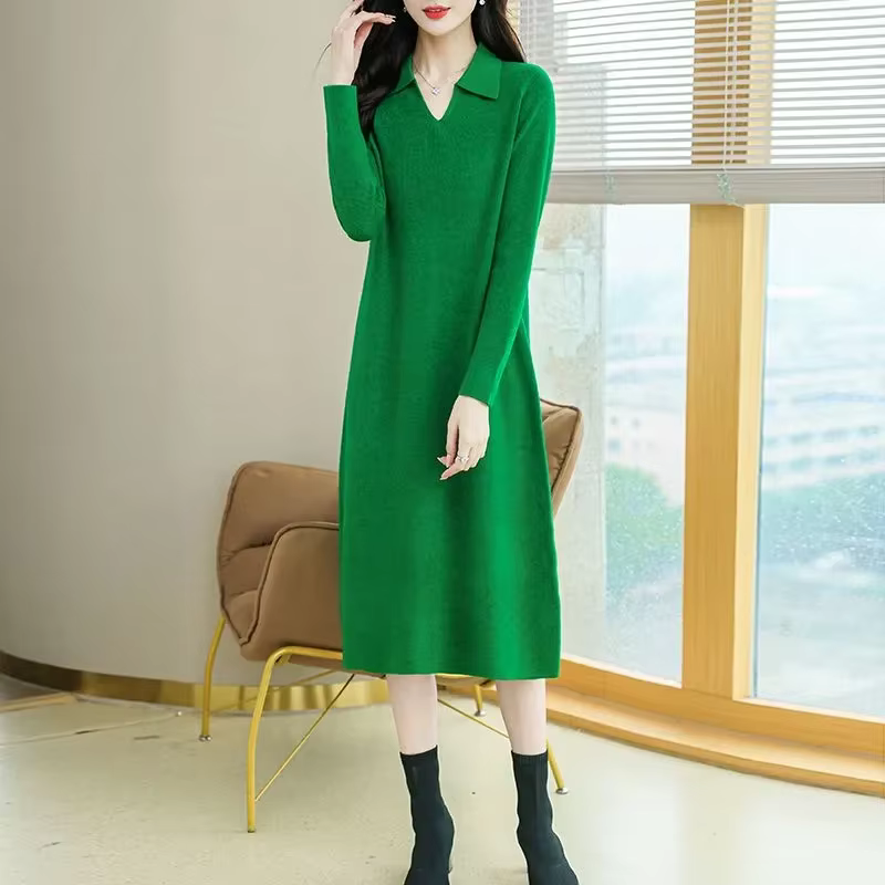 Robe verte en tricot à manches longues et col Polo pour femme