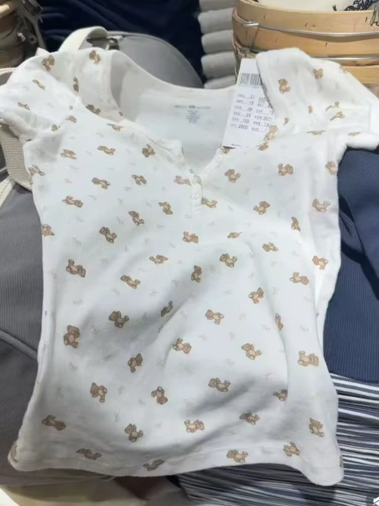 Mignon petit ours nœud imprimé boutons T-shirt femme nouveau décontracté col rond manches courtes coton t-shirts doux Vintage T-shirt Y2k hauts