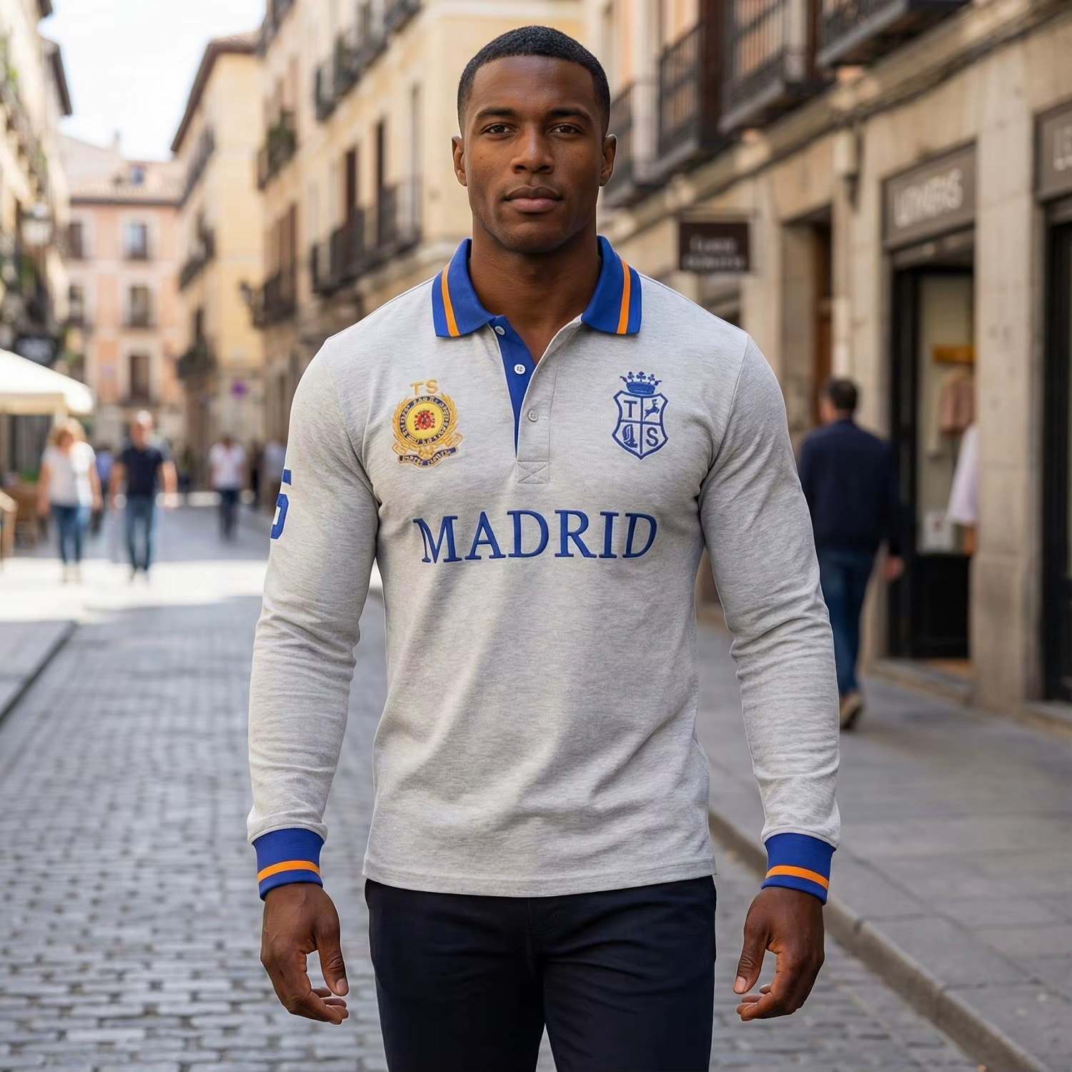Polos pour hommes Gris 100% coton Polo à manches longues Col complet avec broderie Madrid Vêtements de sport décontractés