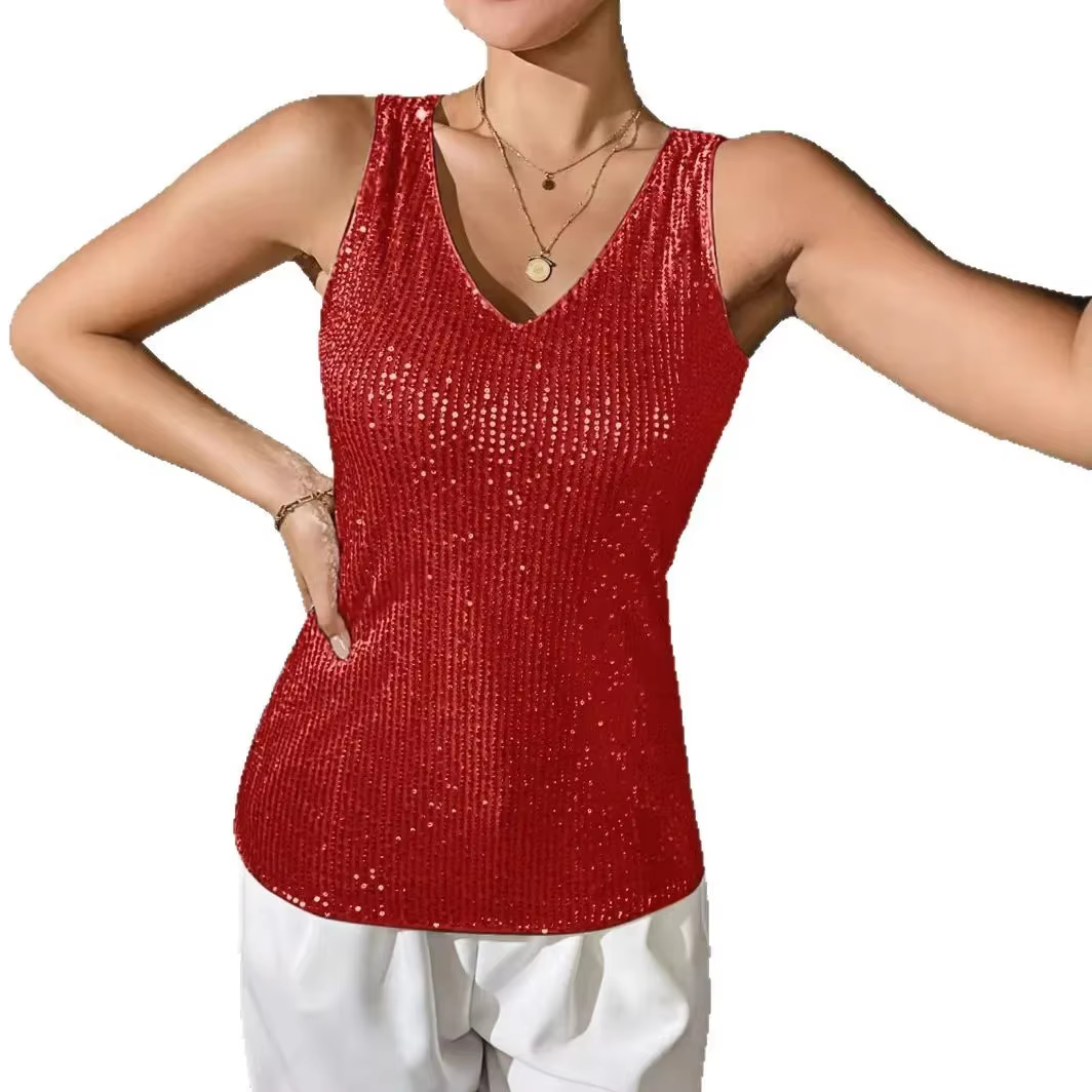 Le nouveau t-shirt sexy à col en V et sequins
