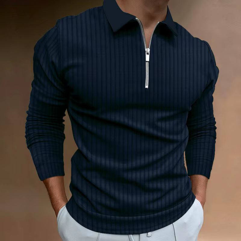 Polo pour hommes avec col, rayures, manches longues et fermeture éclair