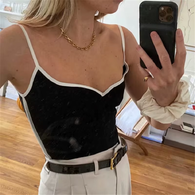 Haut court noir été sexy hauts femmes 2024 spaghetti sangle