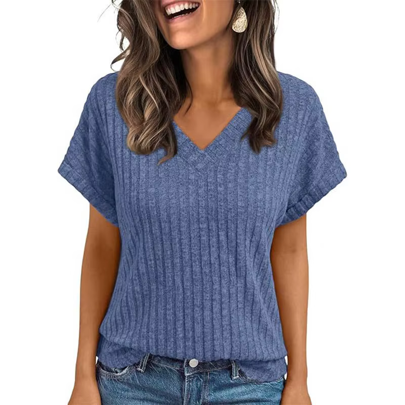 Vêtements pour femmes Europe amérique tout-match tricot T-shirt été 2025 nouveau décontracté col en v à manches courtes pull dame solide hauts