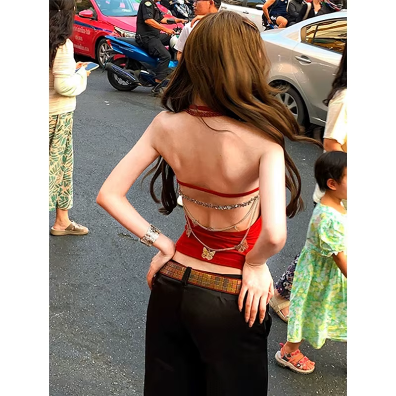 MEXZT Y2K rouge débardeur femmes Streetwear Sexy dos nu noir haut à licou été Gyaru Coquette esthétique Grunge chaîne Camis nouveau