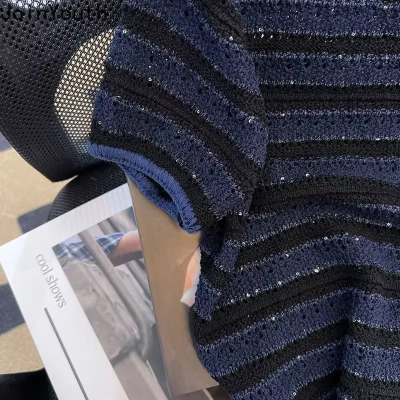 Chemises pour femmes tricot t-shirts 2025 Ropa Mujer à manches courtes col rond rayé