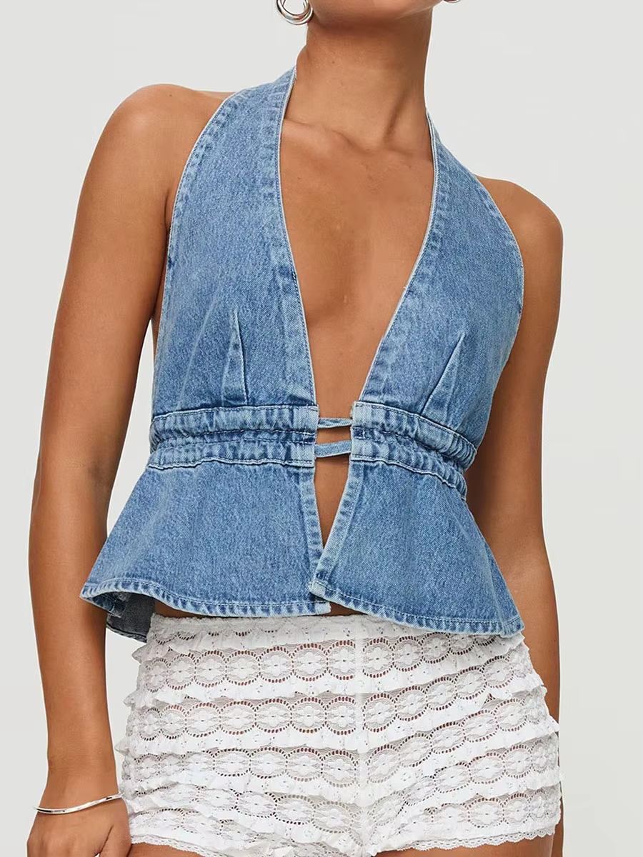 Femmes Denim gilet Sexy licou col en v profond sans manches dos ouvert haut court Jean gilet été mode Streetwear