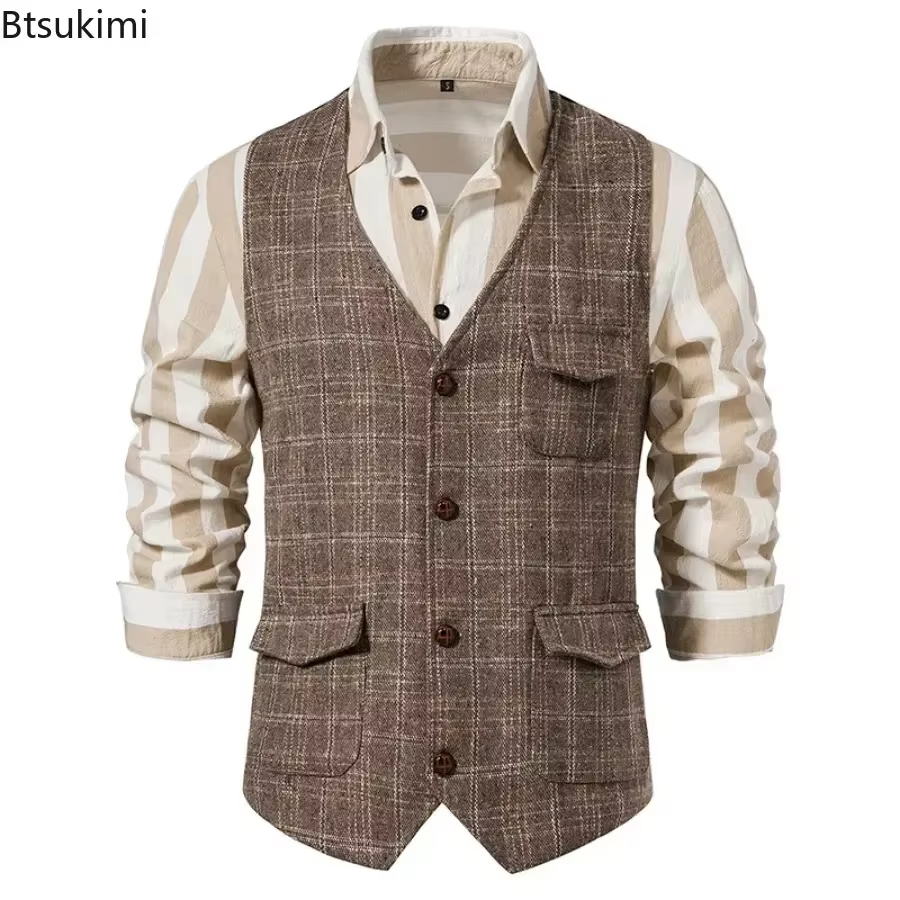 Gilet en Tweed à carreaux pour hommes, Vintage, simple boutonnage, haut de costume de Style anglais, décontracté, pour fête d'affaires, 2026