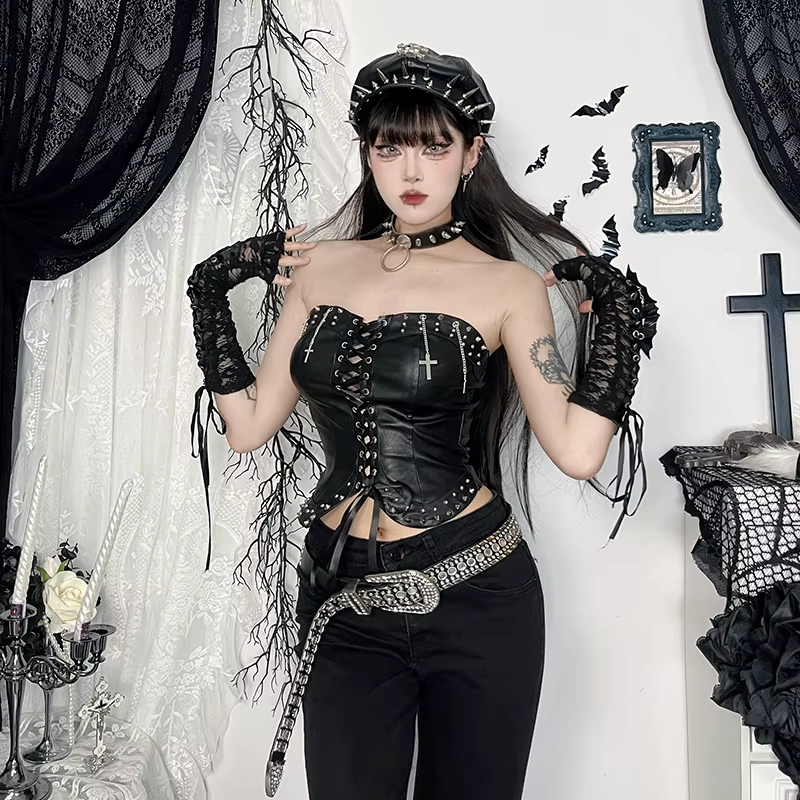 Gothique Style foncé Punk sangle rigged haut 2025 nouveau Sexy mince