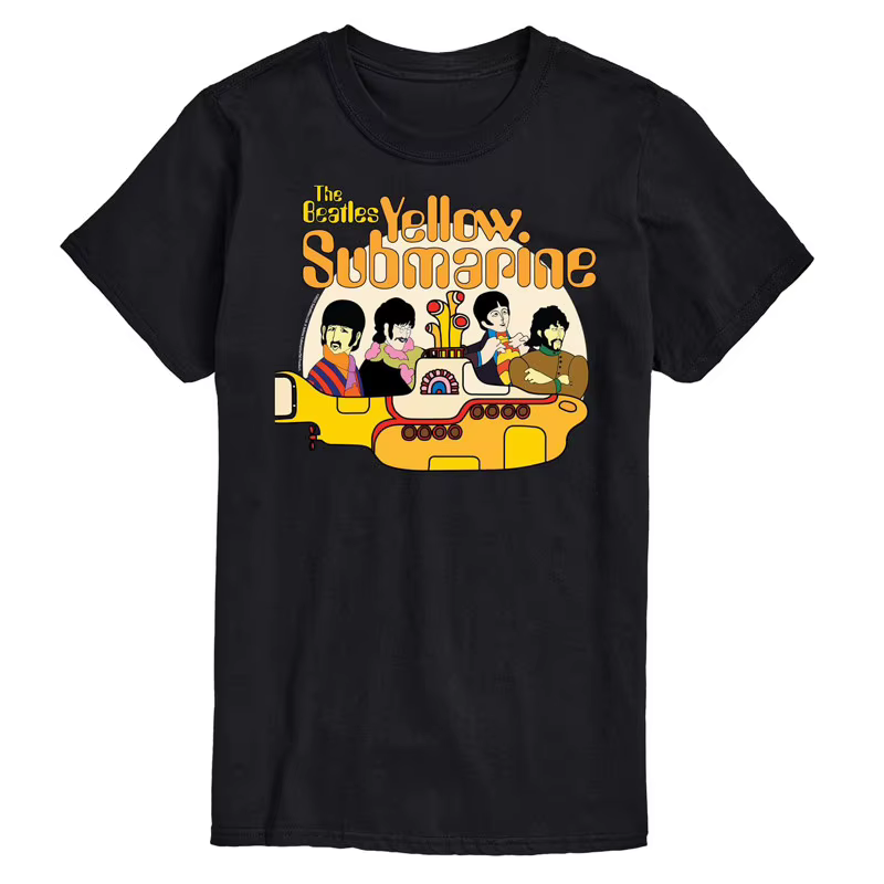 T-Shirt rétro noir en coton avec image de la bande The Beatles Yellow Submarin
