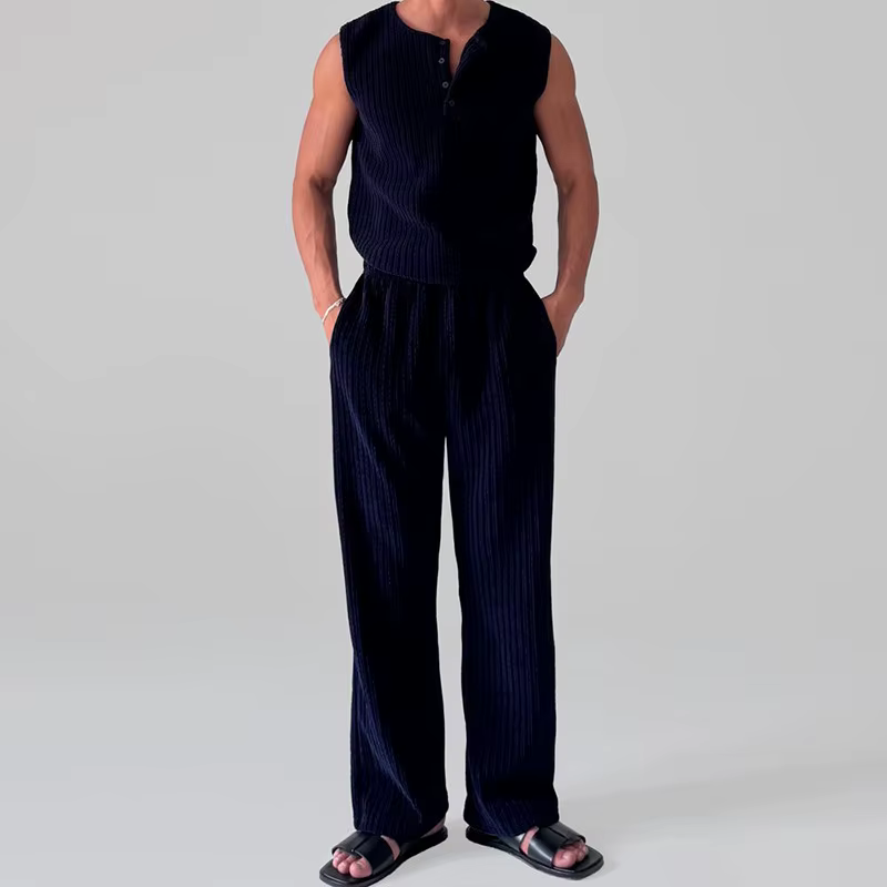 Nouvel ensemble décontracté pour homme 2026 : Gilet sans manches à col Henley et pantalon rayé pour le printemps et l'été