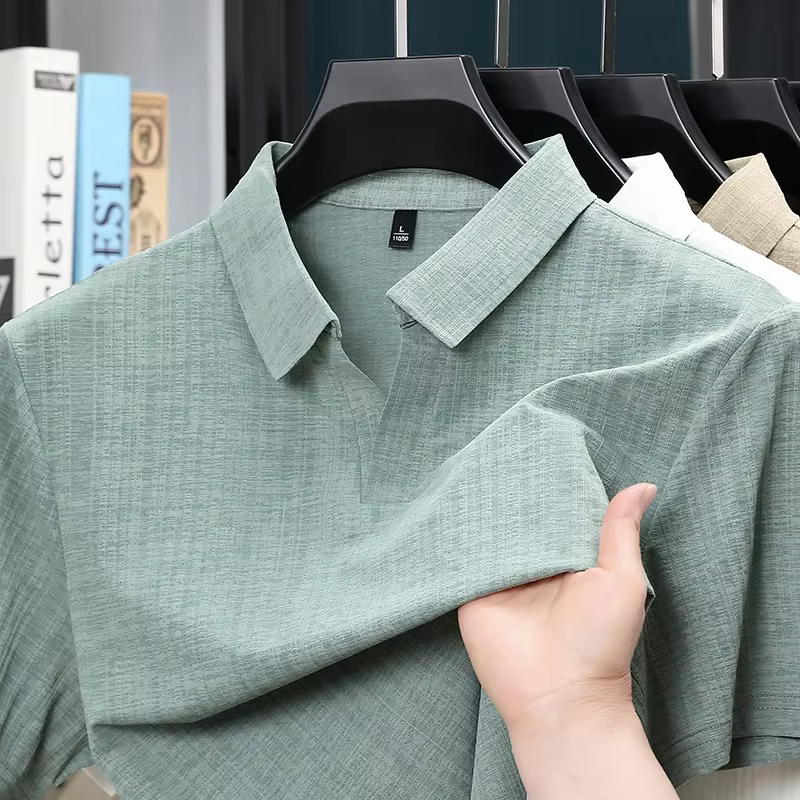 Chemises polo à manches courtes en lin mélangé texturé pour hommes
