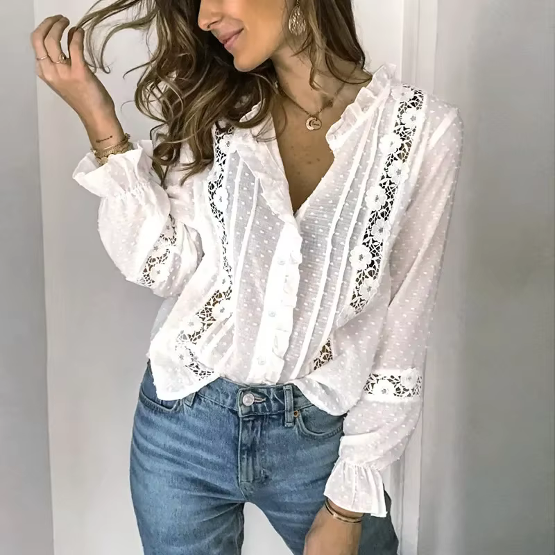 AYUALIN-Chemisier en Dentelle Brodée Florale pour Femme, Chemise à Manches sulf, Vintage, Coton, Chemisiers Décontractés, Dame, Blanc, Y-Boho, Automne