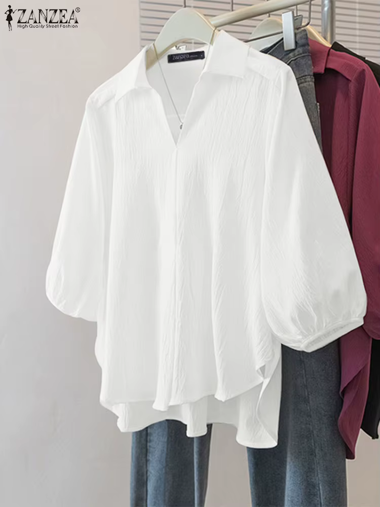 ZANZEA femmes chemisier asymétrique 3/4 lanterne manches couleur unie hauts mode col rabattu tunique décontractée été pull Blusa