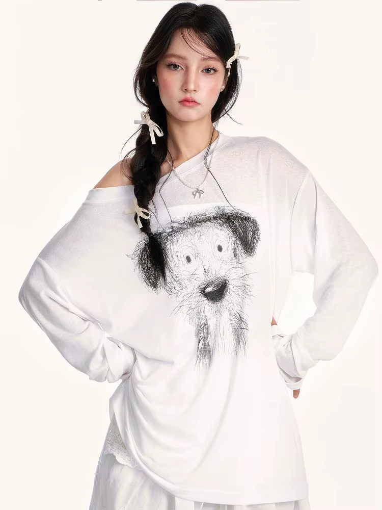 Style américain t-shirts femmes croquis imprimé à manches longues T-shirt 2025 été mince légèrement Transparent crème solaire couverture haut
