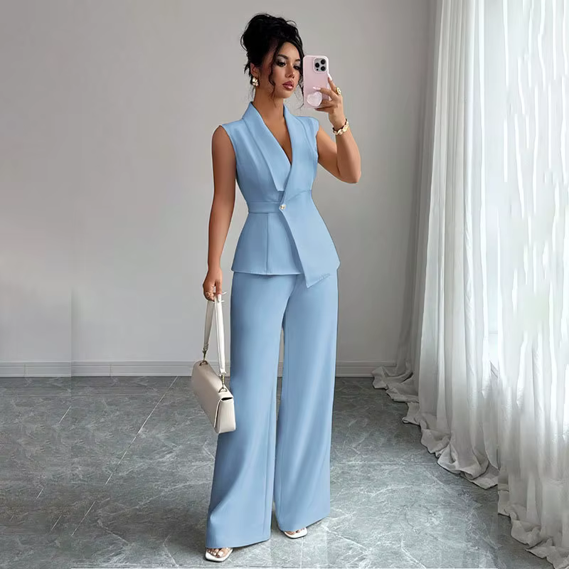 Ensemble élégant 2 pièces pour femme : Gilet blazer sans manches à col en V et pantalon large – Tenue de bureau professionnelle