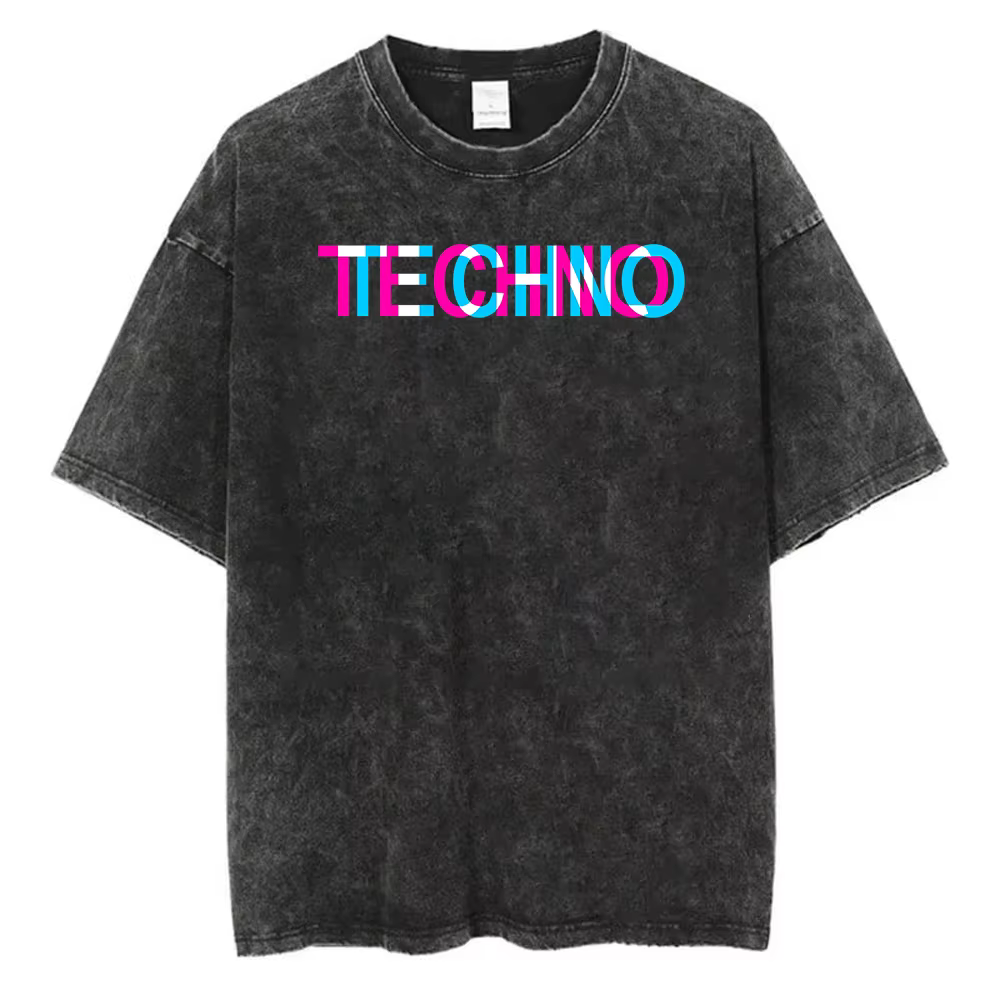 T-shirt Cool Techno à Imprimé Lettres, Coton Lavé, Manches Courtes, Style Rétro Délavé à l'Acide, Coupe Ample, Streetwear d'Été