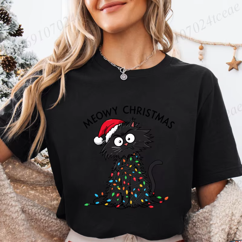 T-shirt graphique décontracté pour femmes – Imprimé de Noël Meowy