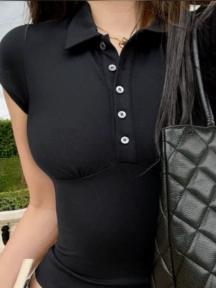 Col rabattu t-shirts pour femmes Streetwear à manches courtes haut court Y2k vêtements boutons t-shirt solide Camisetas mince Ropa Mujer