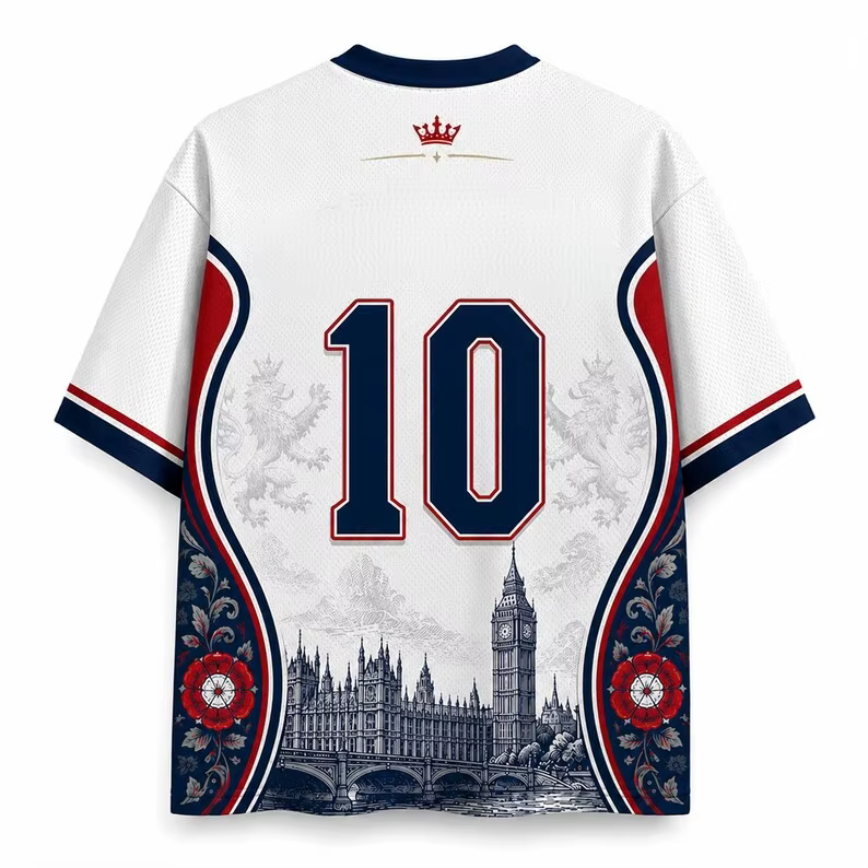 Maillot de football respirant à col en V en maille imprimé pour supporters d'Angleterre 2026 – Un incontournable pour les fans