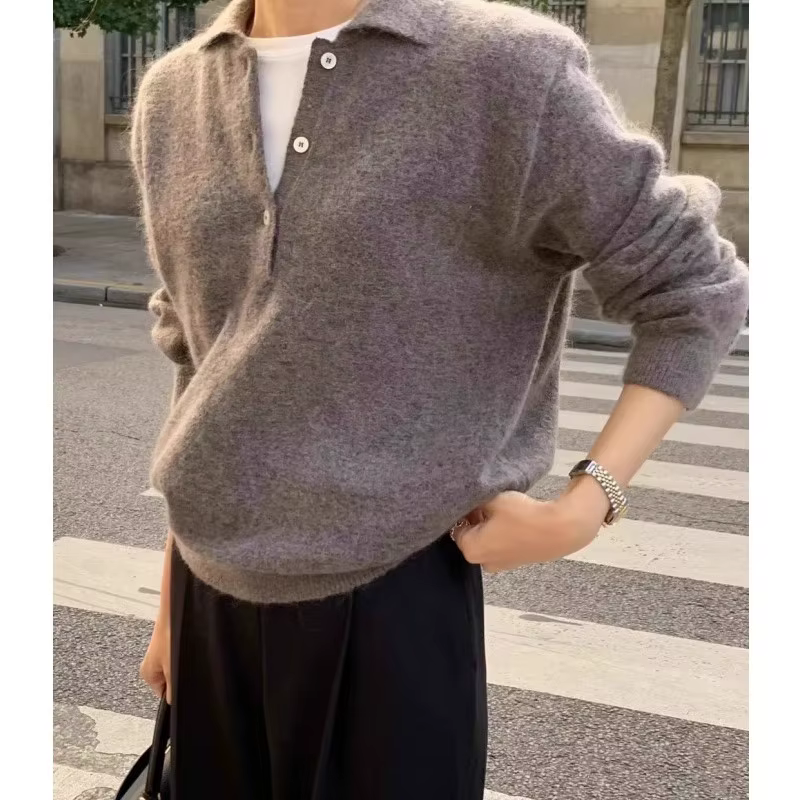 Pull POLO élégant à revers avec boucle 100 pur cachemire