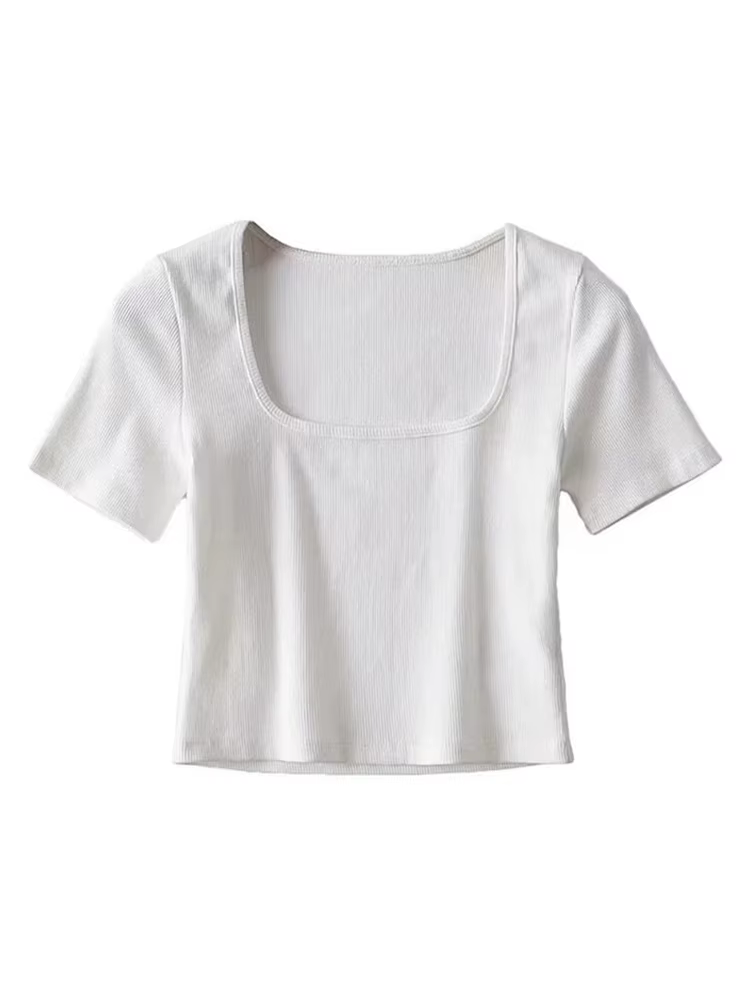 T-shirt court côtelé à col carré pour femmes, haut court à manches courtes