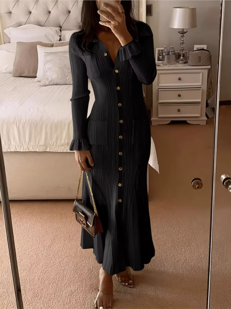 Robe tricotée élégante pour femmes, Slim, revers, manches évasées, poches, robes longues, couleur unie, à la mode, automne