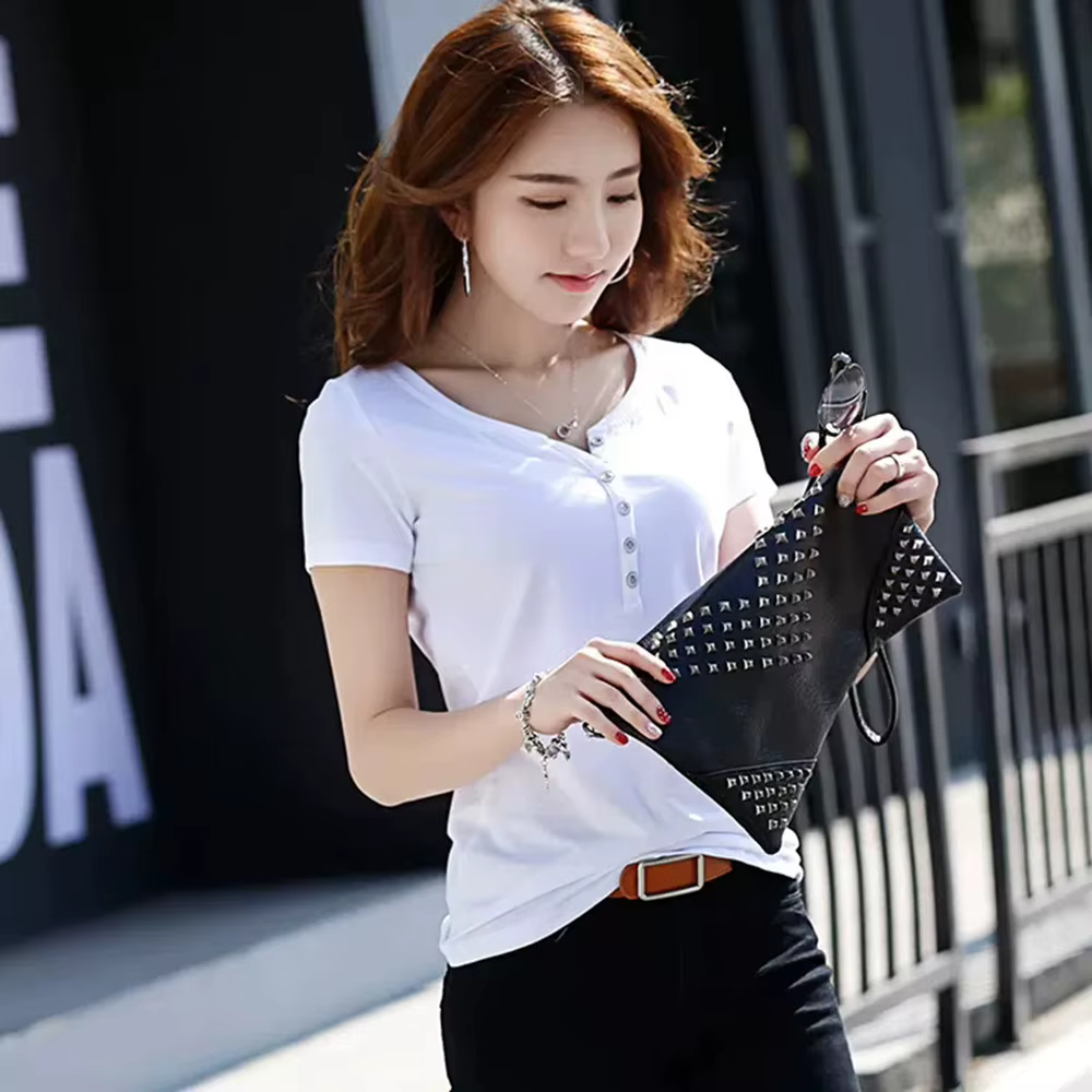 Nouveau Femmes Coton T-shirt Été Mode Bouton Col en V Manche courte Maigrir T-shirts Hauts Simplicité Couleur unie