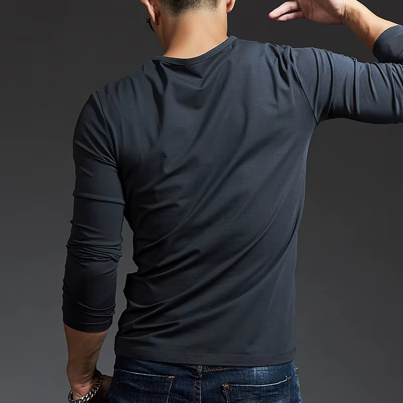 T-shirt ajusté à manches longues et col en V pour homme, gris foncé, sous-vêtement moulant, col ras du cou, haut tendance pour l'automne