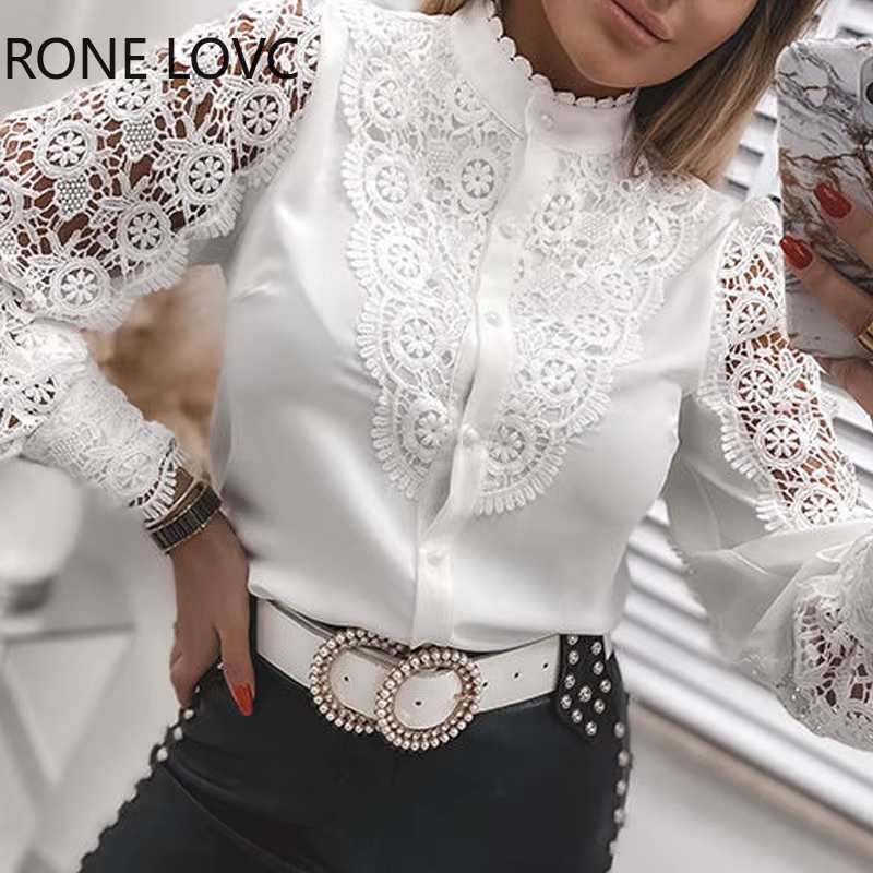 Chemisier évidé en dentelle blanche élégante pour femmes, chemises à manches longues, haut en maille avec boutons, vêtements vintage pour dames, Y2K, printemps et automne 2024