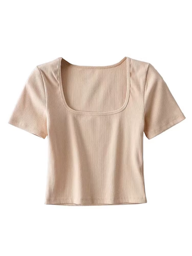 T-shirt court côtelé à col carré pour femmes, haut court à manches courtes
