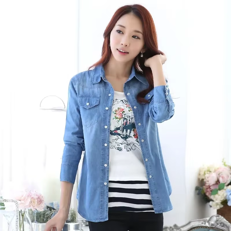 Chemise en Denim de coton à manches longues pour femmes, coupe cintrée, printemps automne été étudiant, vêtements d'extérieur professionnels, haut décontracté à la mode