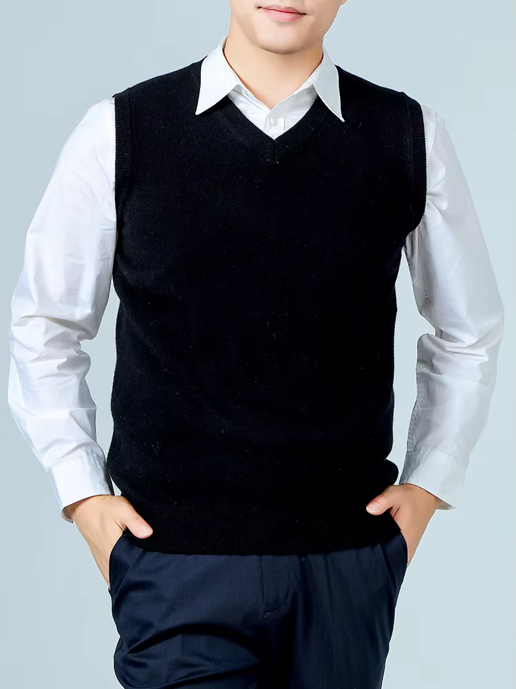 100% laine mérinos Pure hommes col en v gilet sans manches pull automne hiver épais décontracté mode tricoté