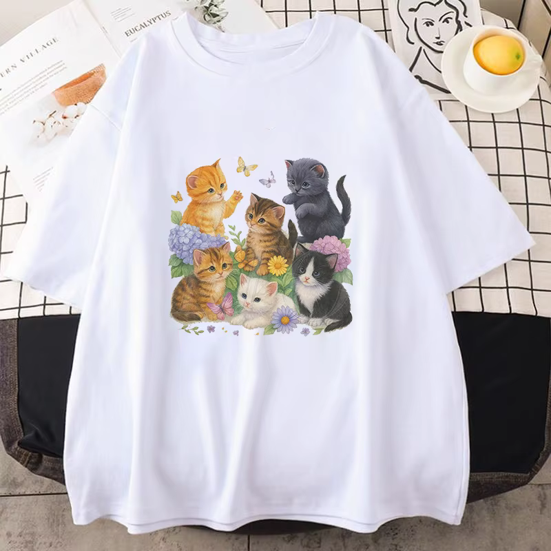 T-shirts à manches courtes avec imprimé chaton vintage mignon