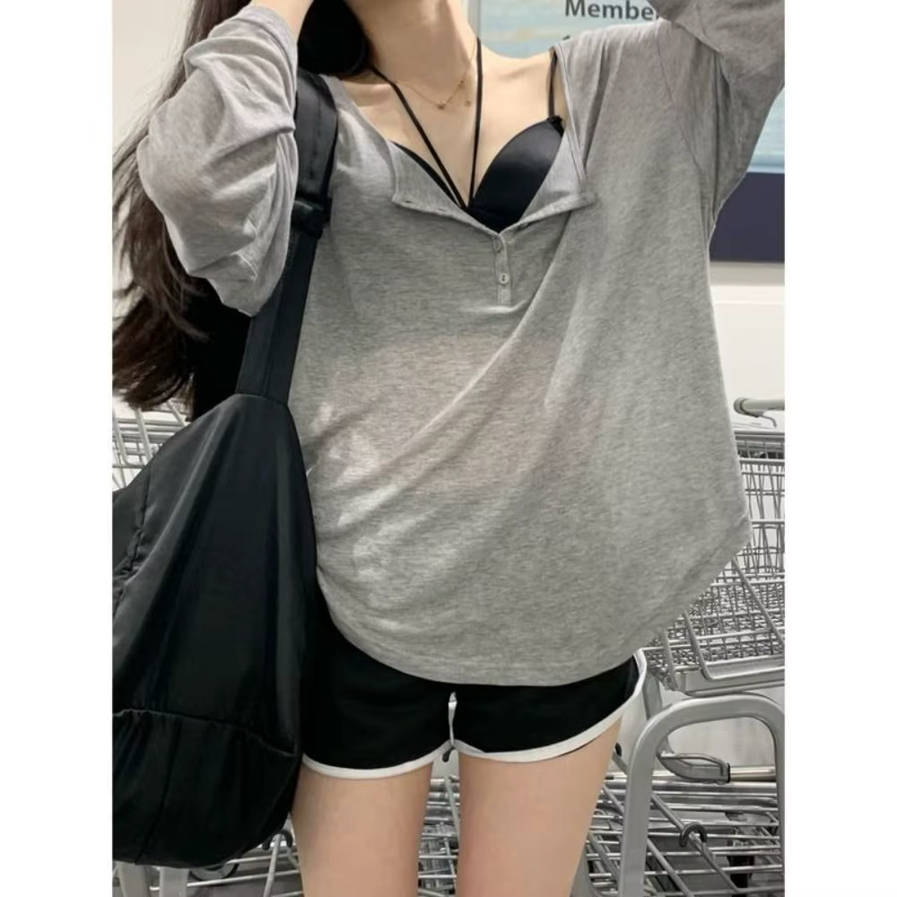 T-shirt à manches longues et col en V pour femme