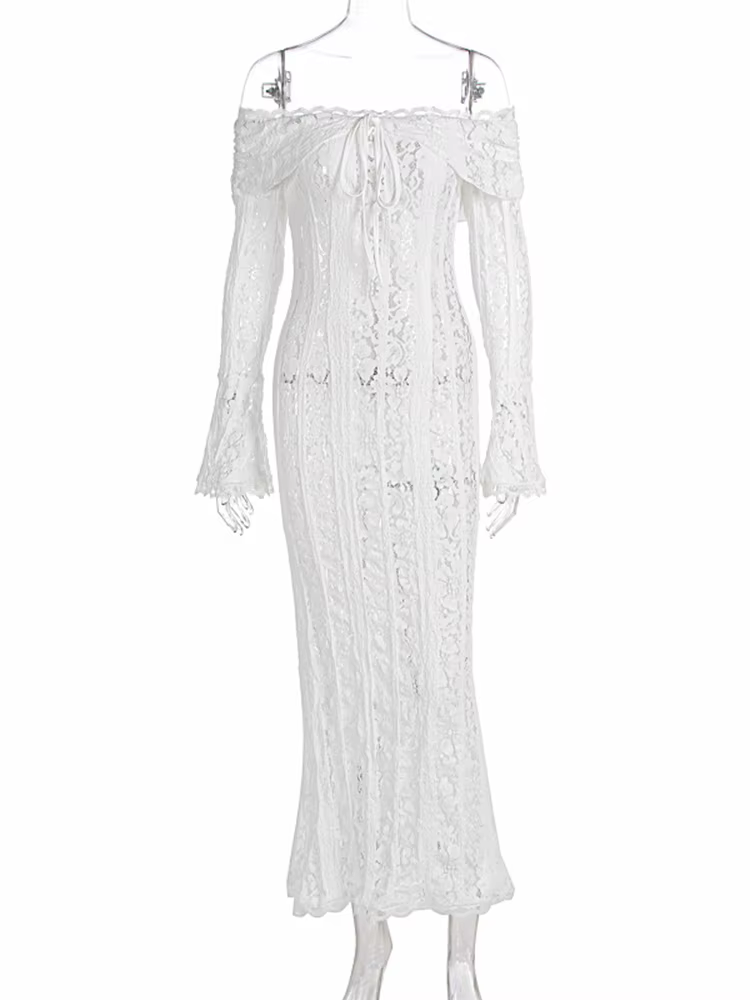 Robe longue blanche sexy en dentelle à manches longues