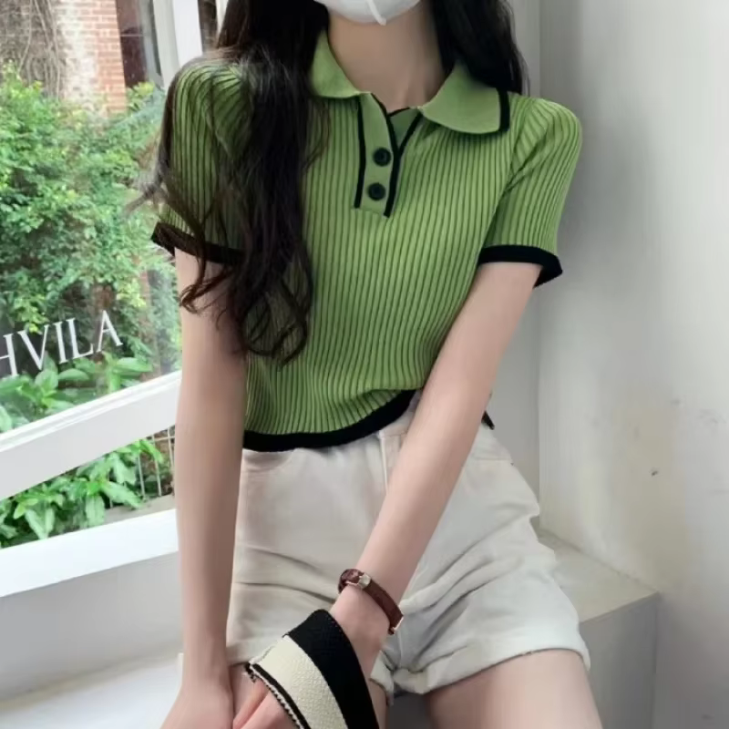 T-shirt en tricot à col polo à manches courtes pour femme, couleur contrastée, tricot côtelé, crop top, polo, tenue preppy d'été pour écolière