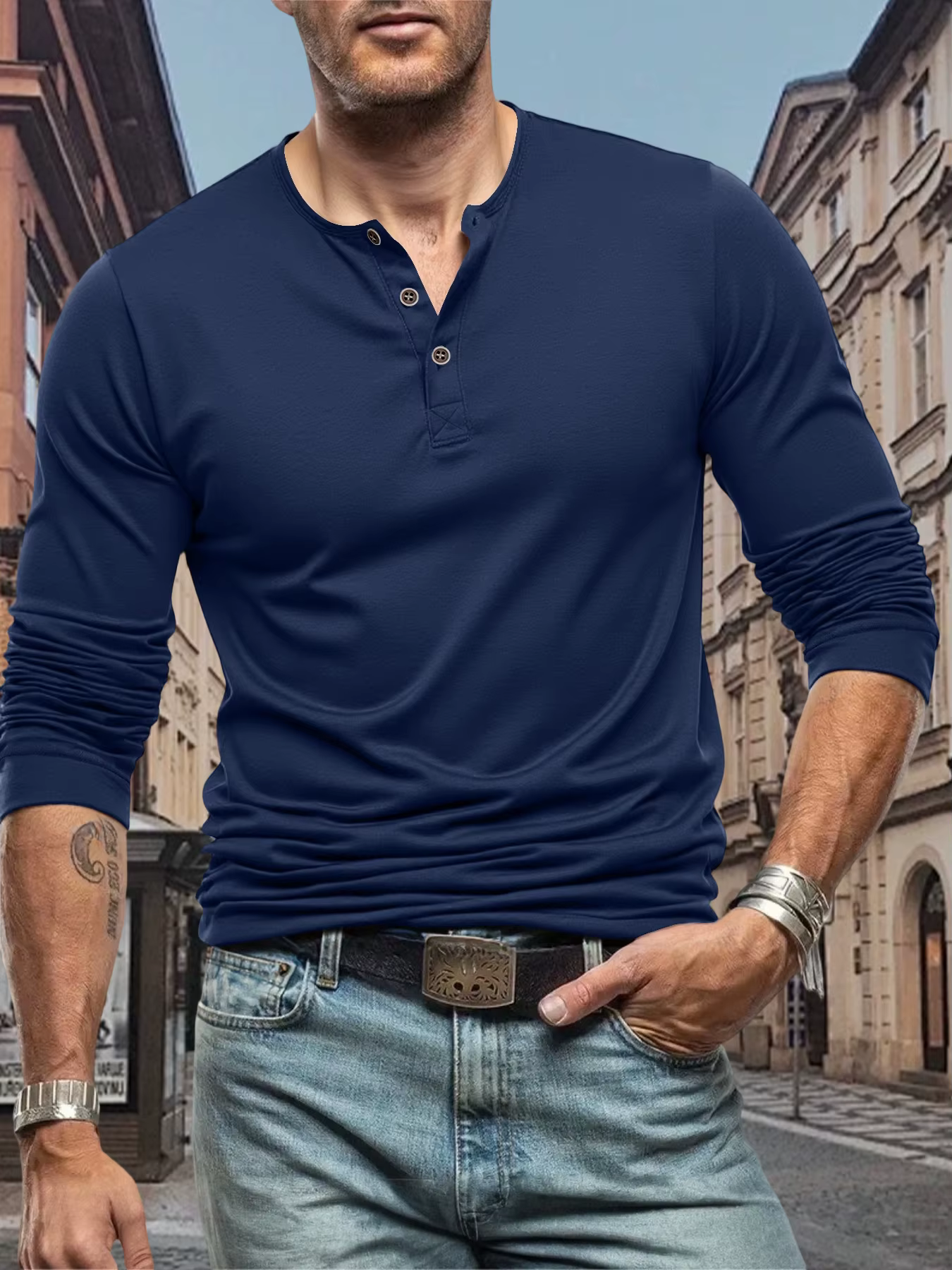 T-Shirt homme manches longues hauts t-shirts de rue col Henley bouton sport