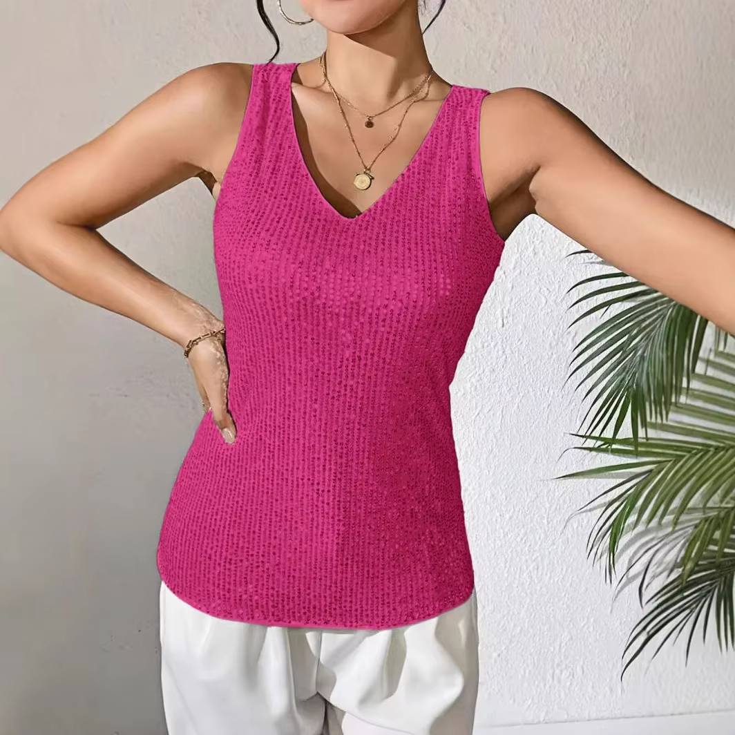 Le nouveau t-shirt sexy à col en V et sequins