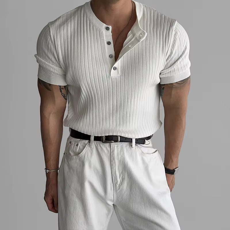 T-shirt Henley côtelé à manches courtes pour homme